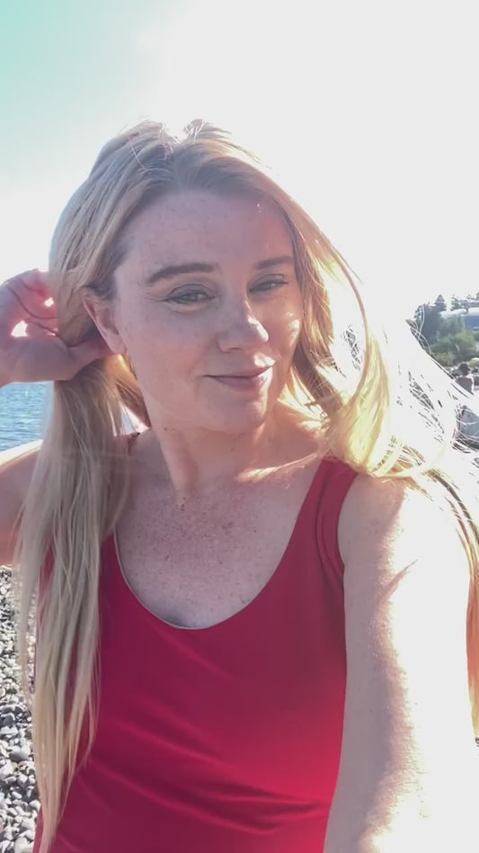 Red Baywatch style One Piece. “The Pamela”